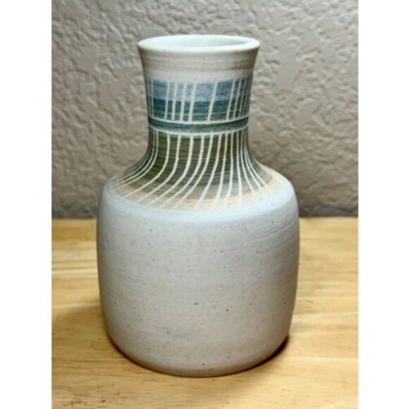 Art Pottery Vase Neutral Abstract Zen Minimalist MCM Blue Green Gold 5.25” - Picture 3 of 10